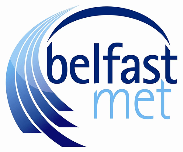 Belfast Met logo featuring blue curved lines and the text "belfast met," representing the college's identity and branding.