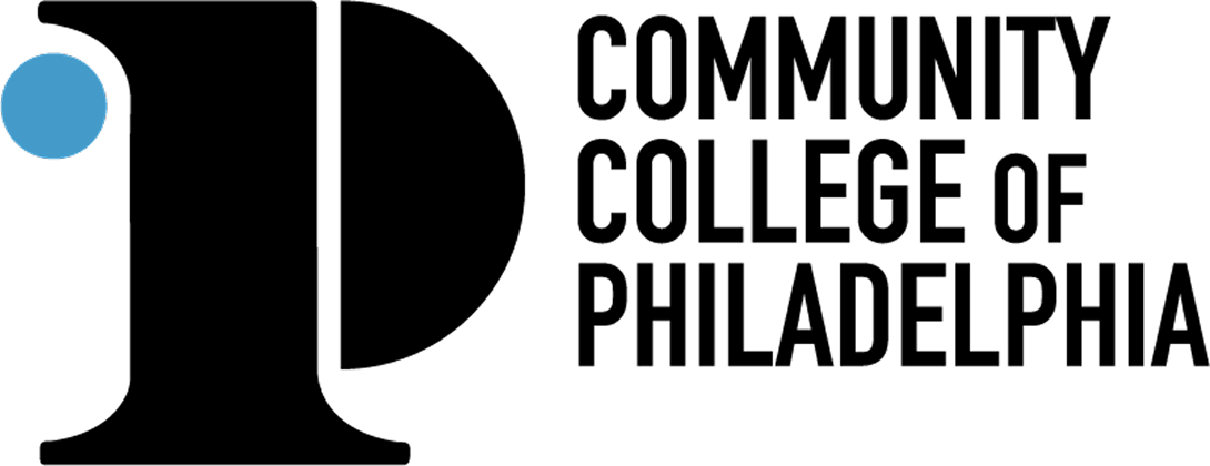 Logo of the Community College of Philadelphia, featuring a stylized letter "P" in black with a blue dot, representing the institution's branding.