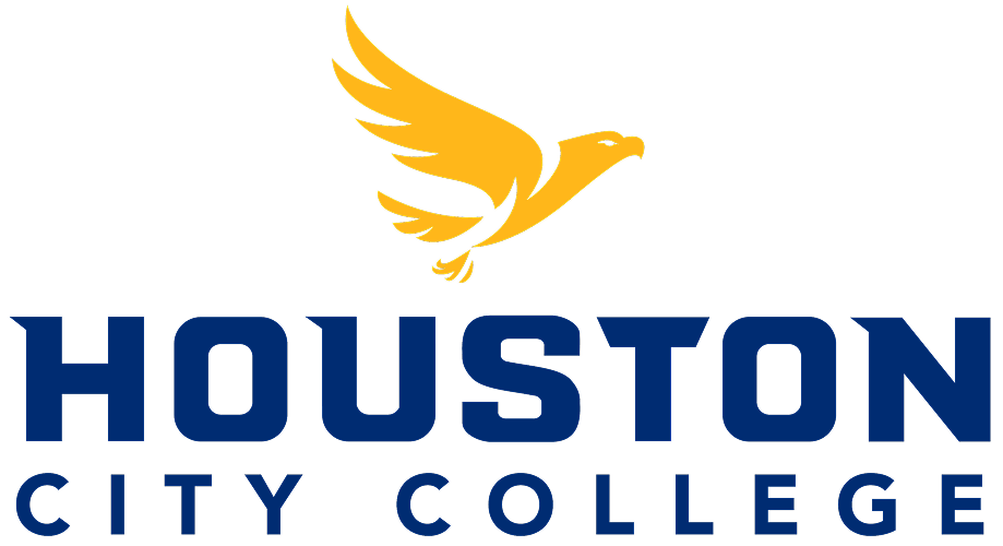 Houston City College logo featuring a yellow eagle in flight above the text "HOUSTON CITY COLLEGE" in bold blue letters. Represents the institution's identity.