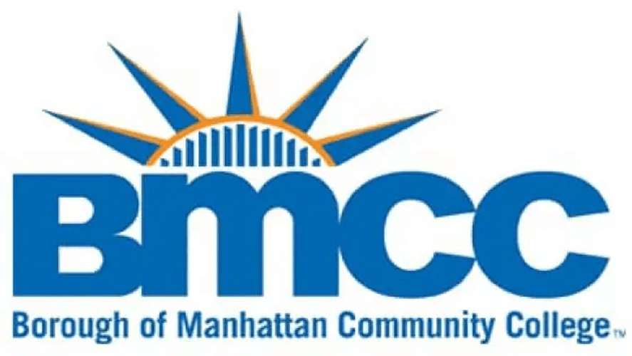 BMCC logo featuring bold blue letters and a sunburst design, representing the Borough of Manhattan Community College's identity and mission.