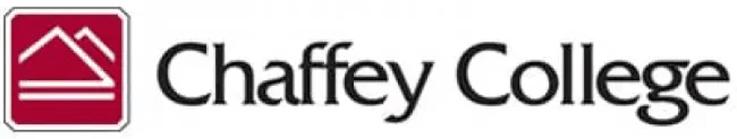 Chaffey College logo featuring red and white mountains above the name in black text. Relevant for representing the institution's brand.