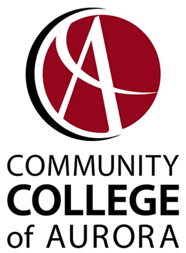 Community College of Aurora logo features a stylized "A" in red and white, promoting the institution's identity and educational offerings.