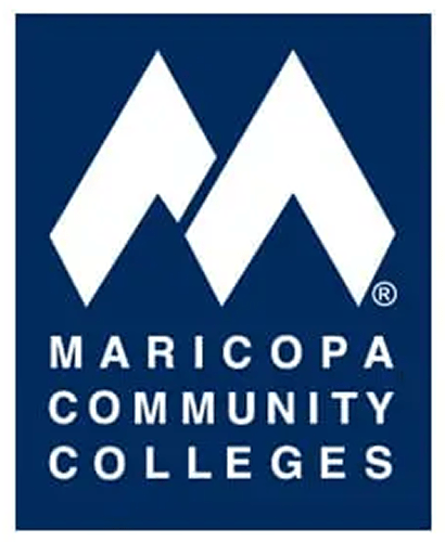 Maricopa Community Colleges logo featuring two overlapping mountain shapes in white against a dark blue background. Represents educational opportunities in the community.