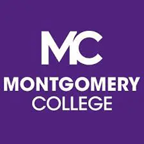 White "MC" logo above the full name "MONTGOMERY COLLEGE" against a purple background, representing the college's branding and visual identity.
