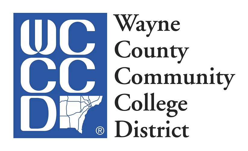 Wayne County Community College District logo featuring "WCCCCD" in a blue square and a map outline of the college's service area.